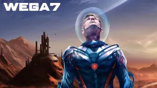 An astronaut in a blue suit and a transparent helmet on his head is standing and looking up, and behind him a red landscape with buildings on the hill of a foreign planet